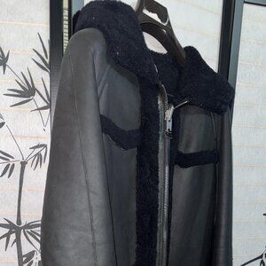 Size:6💕 Coach Genuine Black Shearling Two Side with Hoodie Tall Jacket Coat